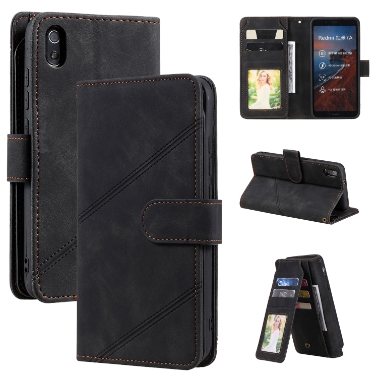 Black PU leather flip phone case with card holders, front pocket, and standing flap