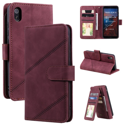 Burgundy PU leather flip phone case with card slots and wallet stand for viewing