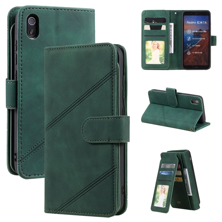 Green PU leather wallet phone case with card slots, diagonal stitching, and kickstand