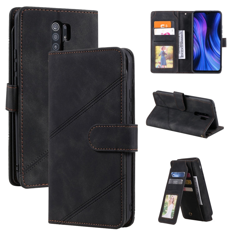 Black PU leather flip phone wallet with card slots and front folio panel with stitching