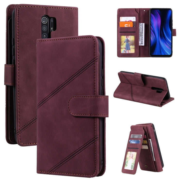 Burgundy PU leather horizontal flip phone wallet case with card slots and kickstand