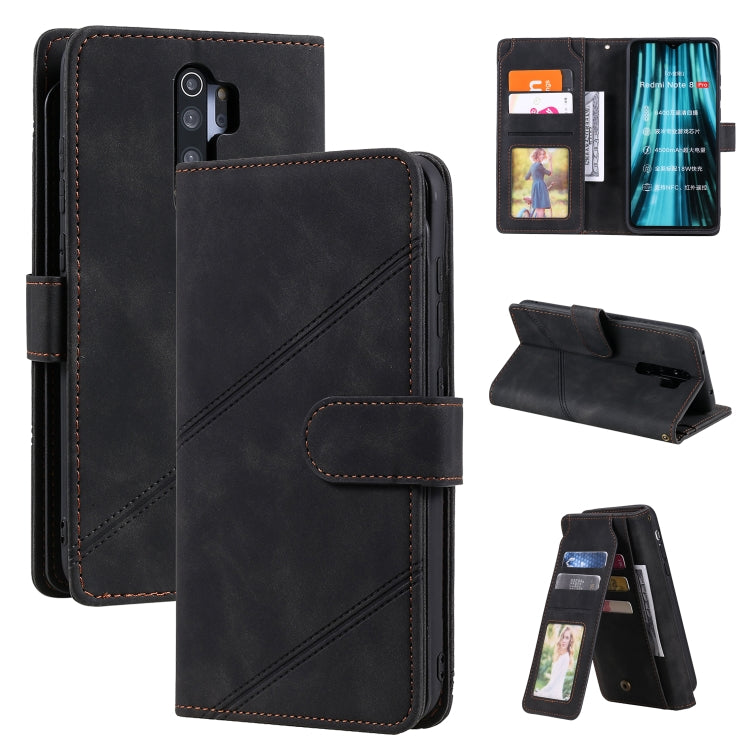 Black PU leather flip phone wallet with card sleeves and front flap in a cross-stitch design