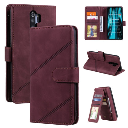 Burgundy PU leather flip phone wallet case with card holder slots and viewing stand