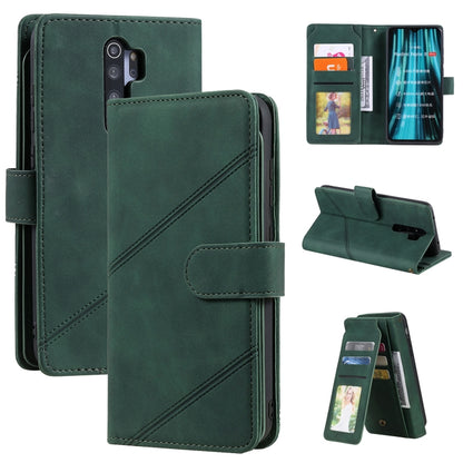 Green PU leather wallet phone case with card slots and flip cover, stand and front views