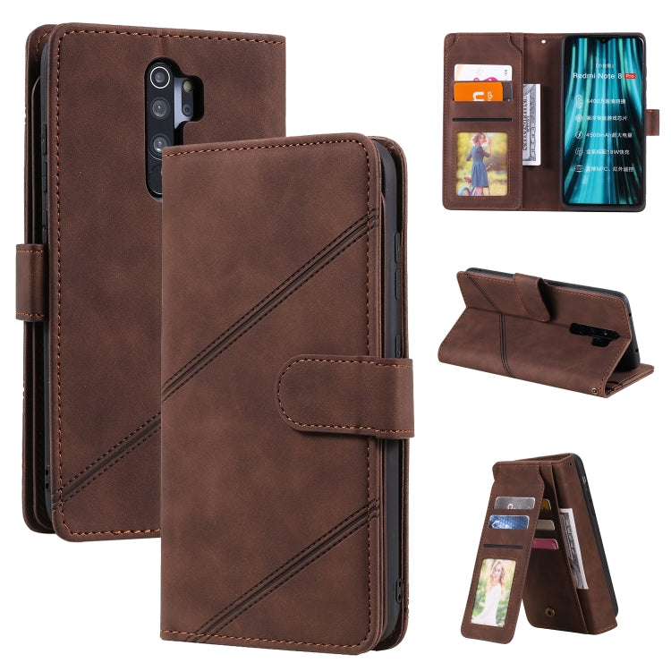 Brown PU leather folio wallet case with strap, card slots, and stand display