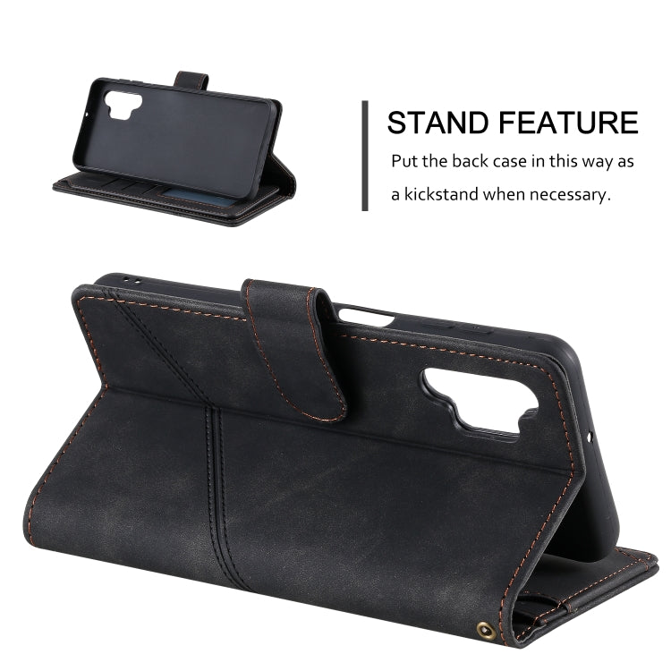 Black PU leather flip phone wallet case with built-in stand and stitched folio cover
