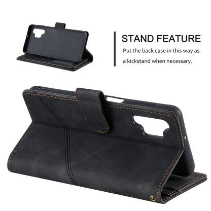 Black PU leather flip phone wallet case with built-in stand and stitched folio cover