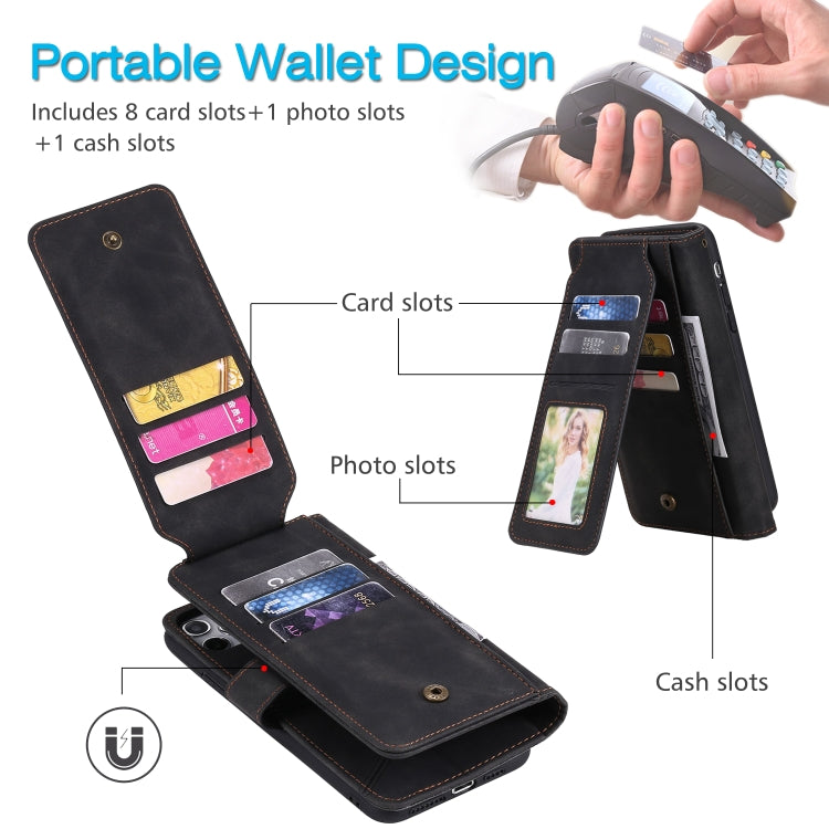 Black PU leather flip phone wallet case with multiple card slots and photo-style holder