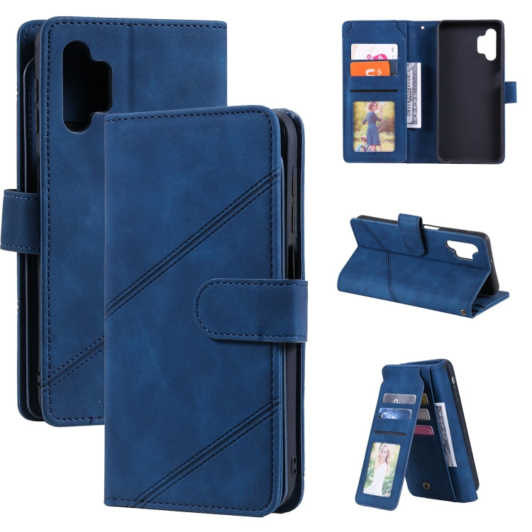 Blue PU leather flip phone wallet case with card slots and folio stand position