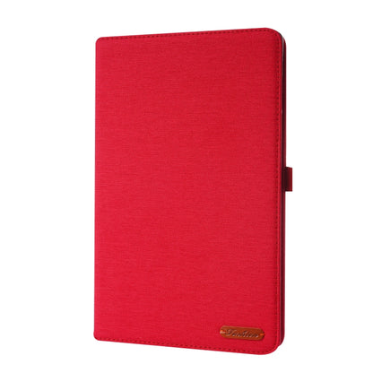 Red fabric-texture folio case with full cover and magnetic-style side closure tab