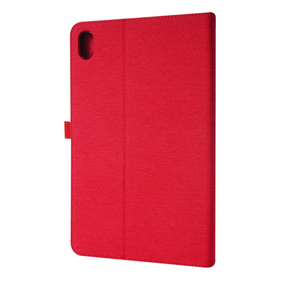 Red fabric-texture folio tablet case back with camera cutout and flip stand hinge