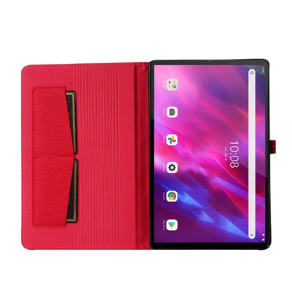 Red fabric-texture folio case open view: front cover folds to stand and holds tablet