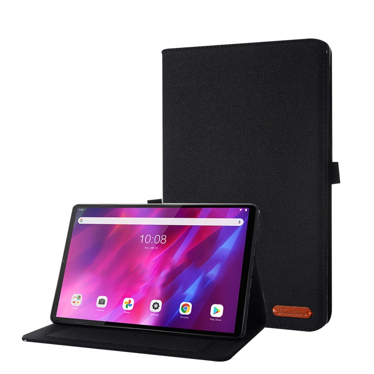 Black fabric-texture flip case with stand; tablet held upright