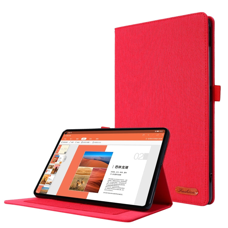 Red fabric-texture flip case with stand; tablet held upright