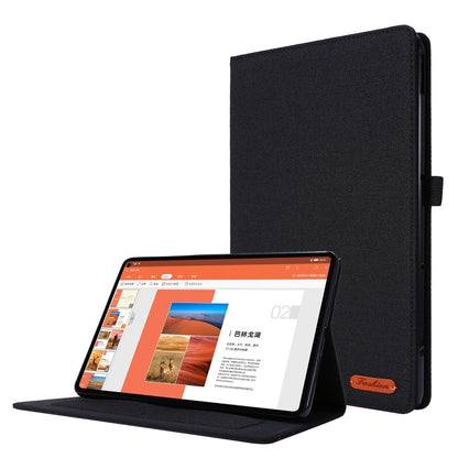 Black fabric-texture flip case with stand; tablet supported in portrait view