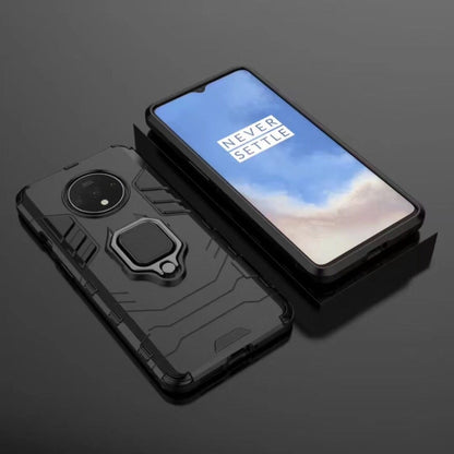 Shockproof dark phone case with magnetic ring holder, shown with front and back