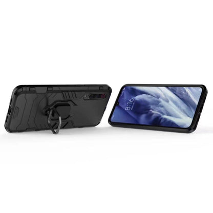 Shockproof black phone case with built-in magnetic ring holder and kickstand