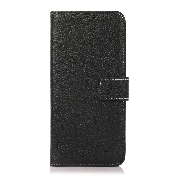 Black textured flip phone case with magnetic strap and stitched front panel