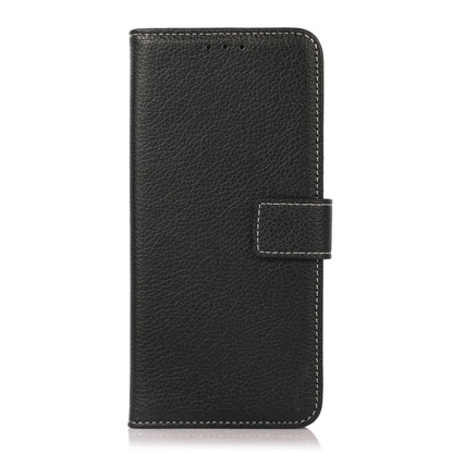 Black textured flip phone case with magnetic strap and stitched front panel
