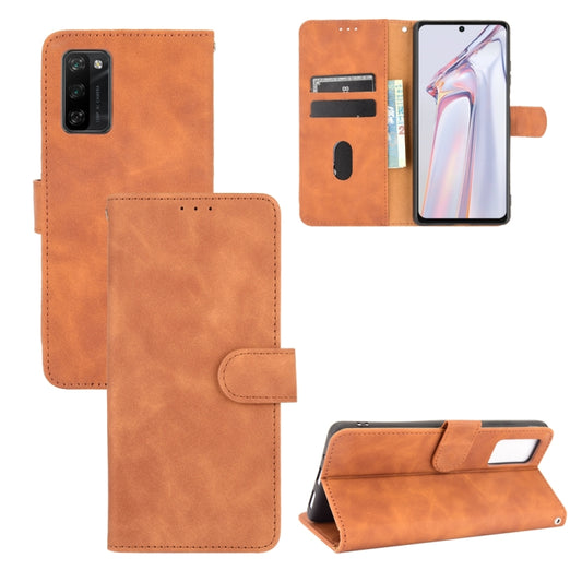 Brown PU leather flip phone wallet case with magnetic closure and card slots.