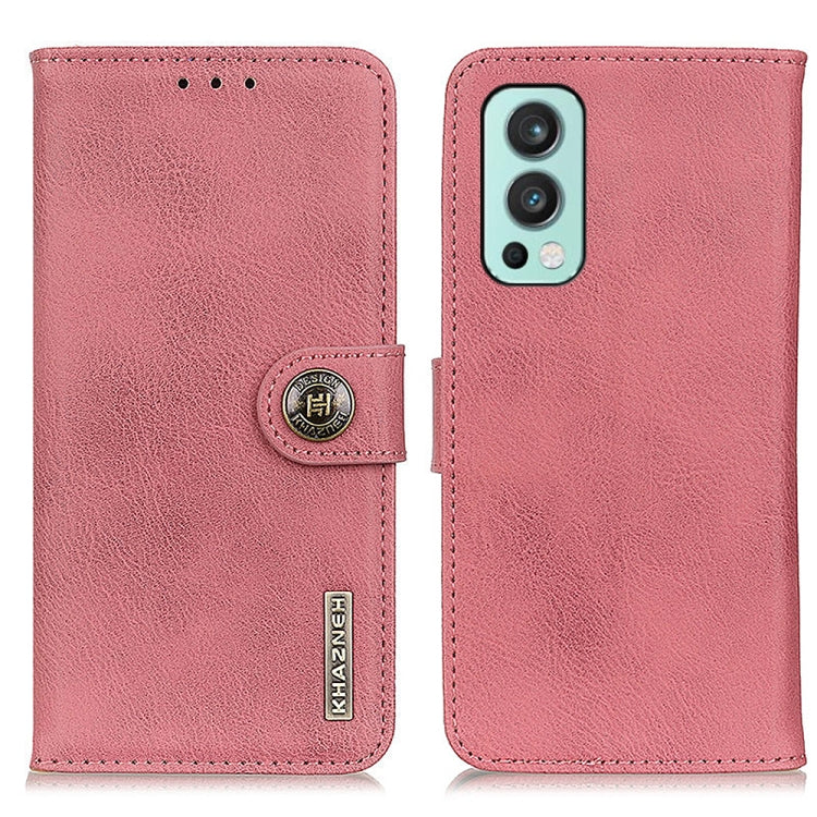 Pink leather flip wallet case with card slots and phone camera cutout, cowhide texture
