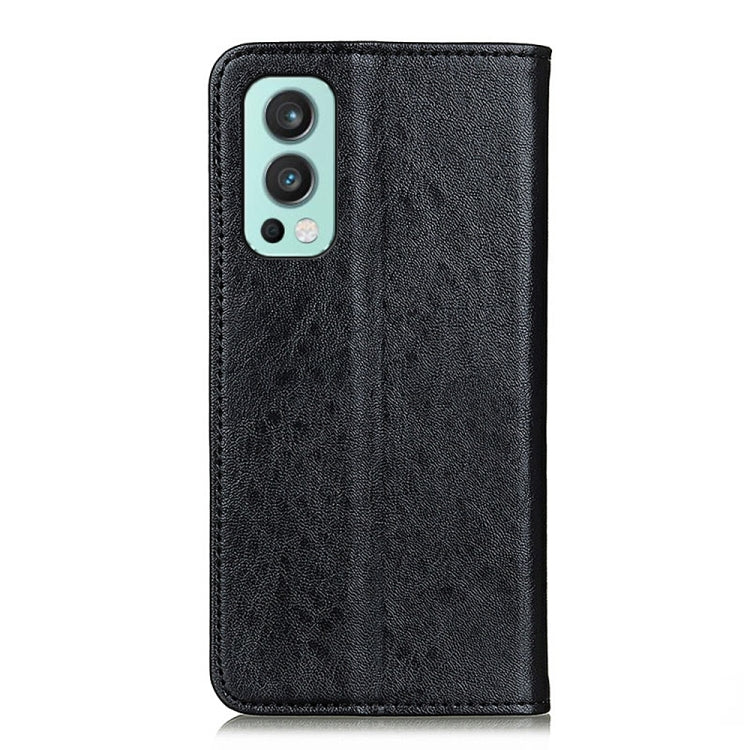 Black textured leather flip phone case with dual-camera cutout and side opening
