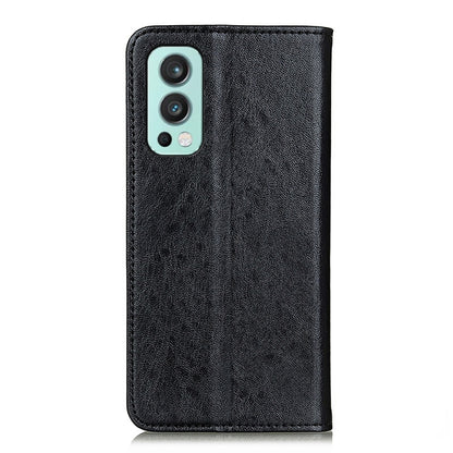 Black textured leather flip phone case with dual-camera cutout and side opening