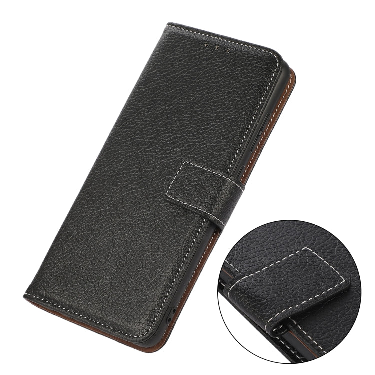 Black leather folio case with flip cover and stitched edge detail