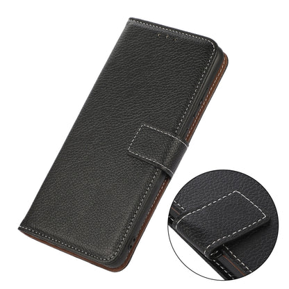 Black leather folio case with flip cover and stitched edge detail