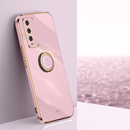 Pink electroplate TPU phone case with ring holder and gold-edged camera cutout.