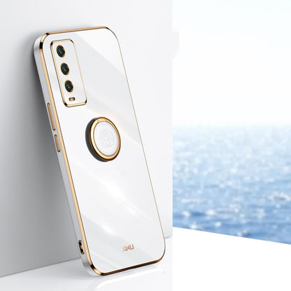 White electroplate TPU phone case with ring holder and gold-edged camera cutout.