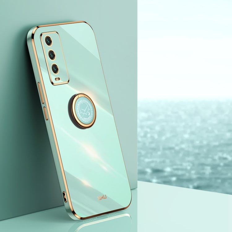 Mint teal TPU phone case with electroplate-look trim and built-in ring holder