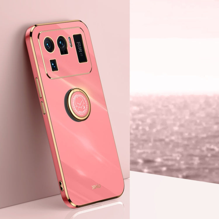 Electroplate TPU phone case with ring holder, pink with gold-tone edges and camera cutouts