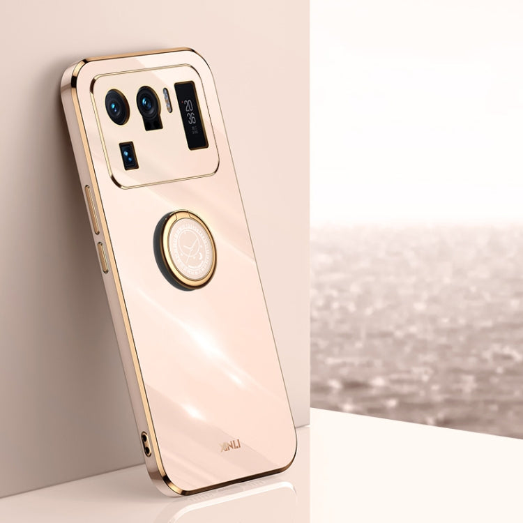 Electroplate TPU phone case with ring holder, light pink with gold-tone edges and camera cutouts