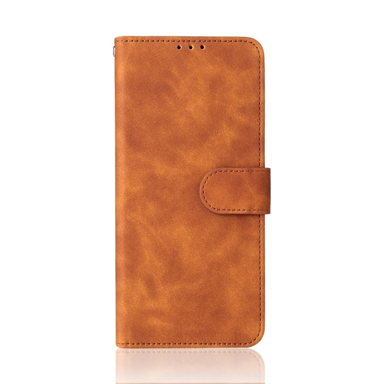 Brown PU leather flip phone case with side magnetic strap and stitched card-window panel