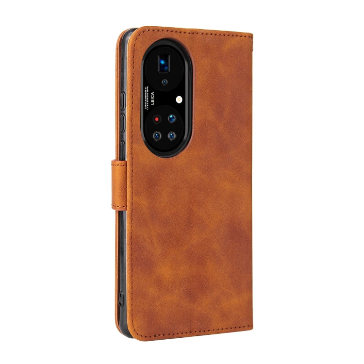 Brown PU leather flip phone case with cutout camera opening and side holder strap