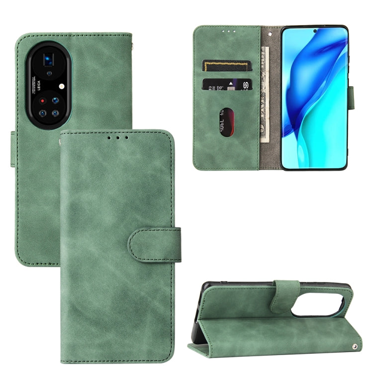 Green PU leather flip phone case with magnetic buckle, card slots, and fold-stand holder