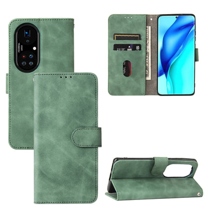 Green PU leather flip phone case with magnetic buckle, card slots, and fold-stand holder