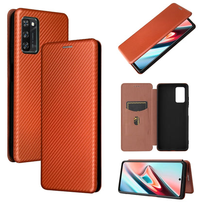 Brown carbon-fiber textured magnetic flip phone case with card slot and TPU/PC protection