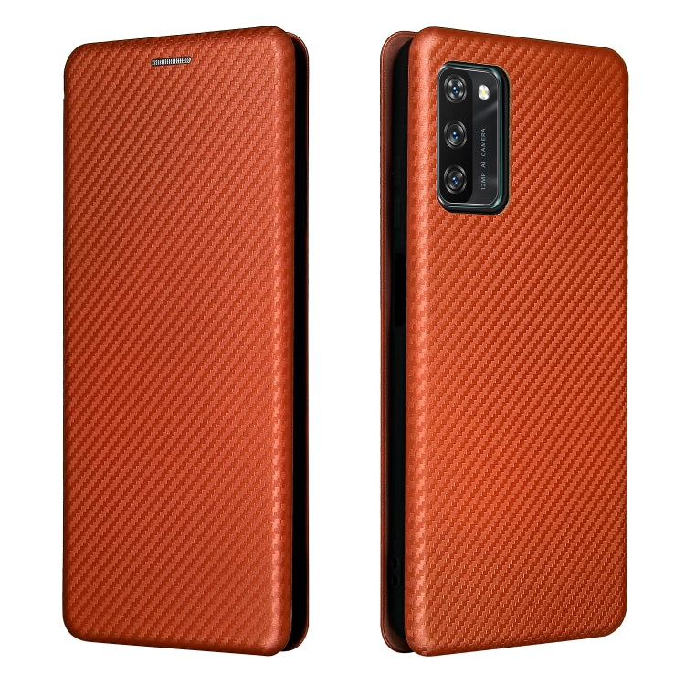 Brown carbon-fiber textured flip phone case with camera cutout and slim card-slot front