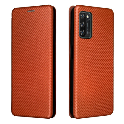 Brown carbon-fiber textured flip phone case with camera cutout and slim card-slot front