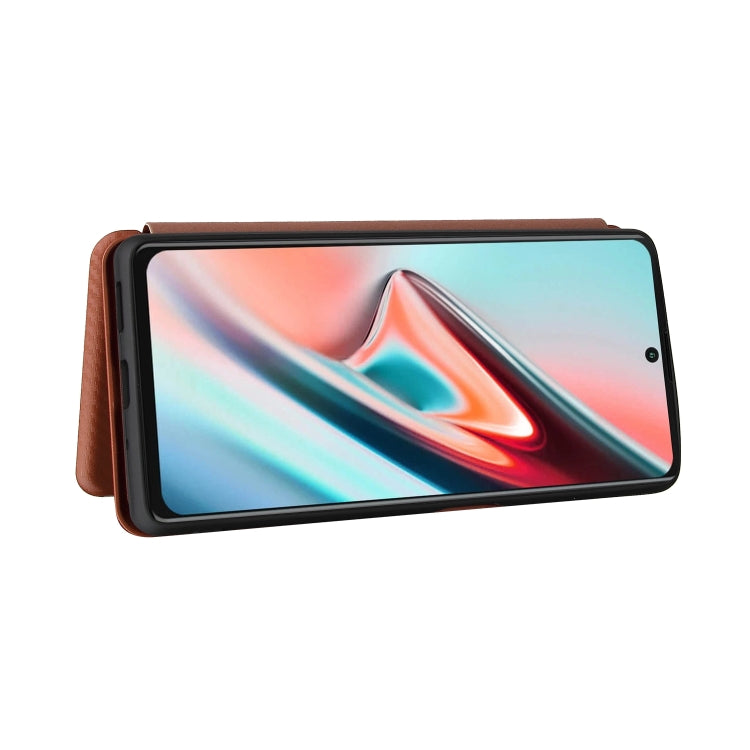 Brown flip phone case with front cover raised, showing phone display and side cutouts