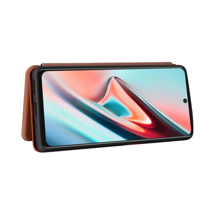 Brown flip phone case with front cover raised, showing phone display and side cutouts