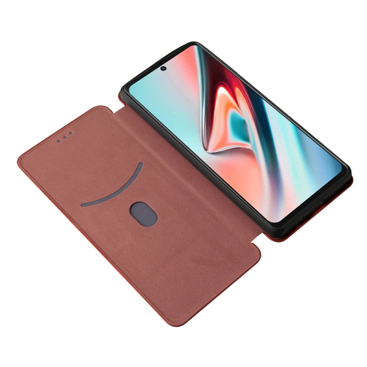 Brown flip phone case with card-slot panel and magnetic cover, shown with phone