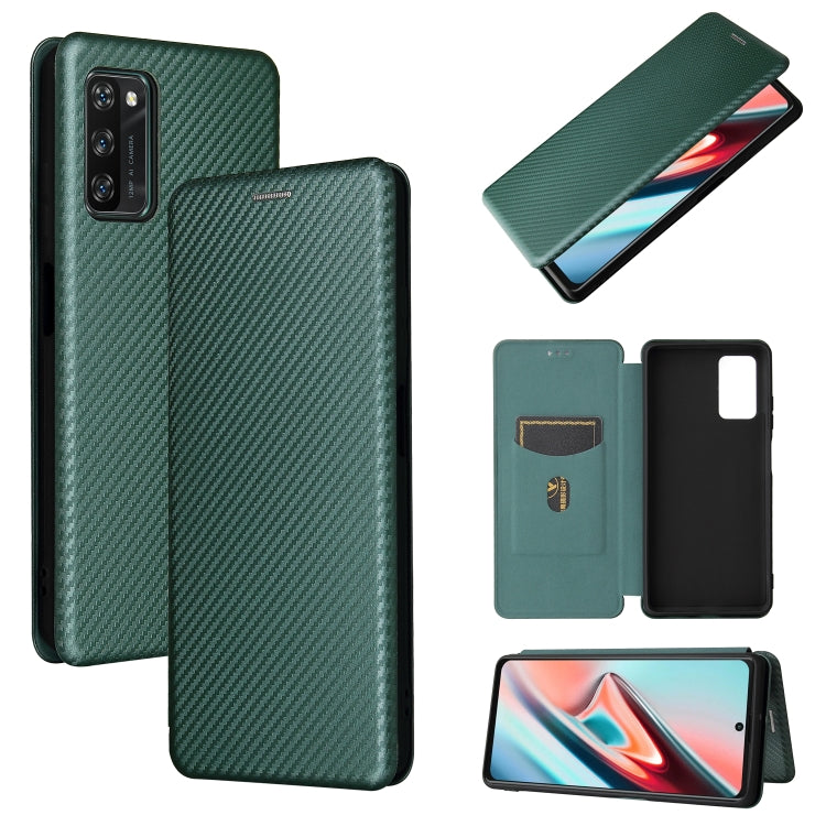 Green carbon-fiber textured magnetic flip phone case with card slot and camera cutout