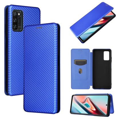 Blue carbon-fiber textured magnetic flip phone case with card slot and side button openings
