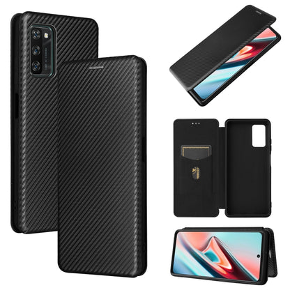Black carbon-fiber textured magnetic flip phone case with card slot and camera cutout