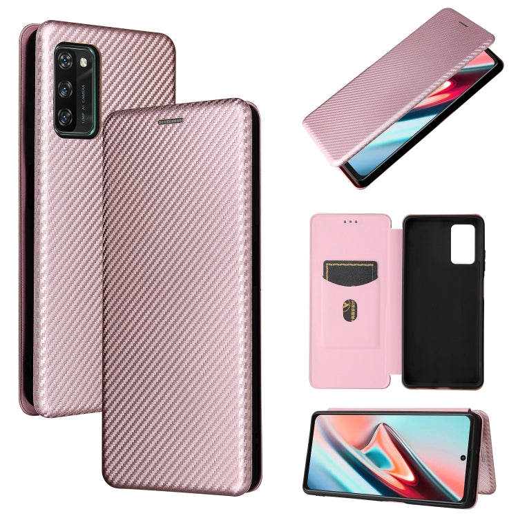 Pink carbon-fiber texture magnetic flip phone case with card slot