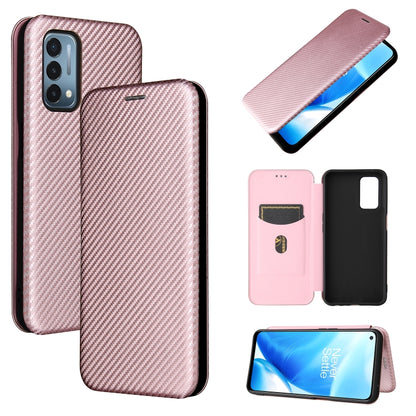 Pink carbon-fiber texture magnetic flip phone case with card slot, open view