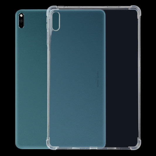 Transparent TPU tablet case with raised edges, showing dark blue tablet back